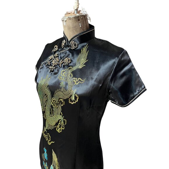 Black Satin NWT Dragon & Phoenix Embroidered Qipao Cheongsam Maxi Dress S/M - Picture 9 of 10